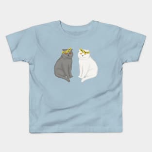 Two cats in the wreaths on the head from sunflowers. Grey and white cats. Kids T-Shirt